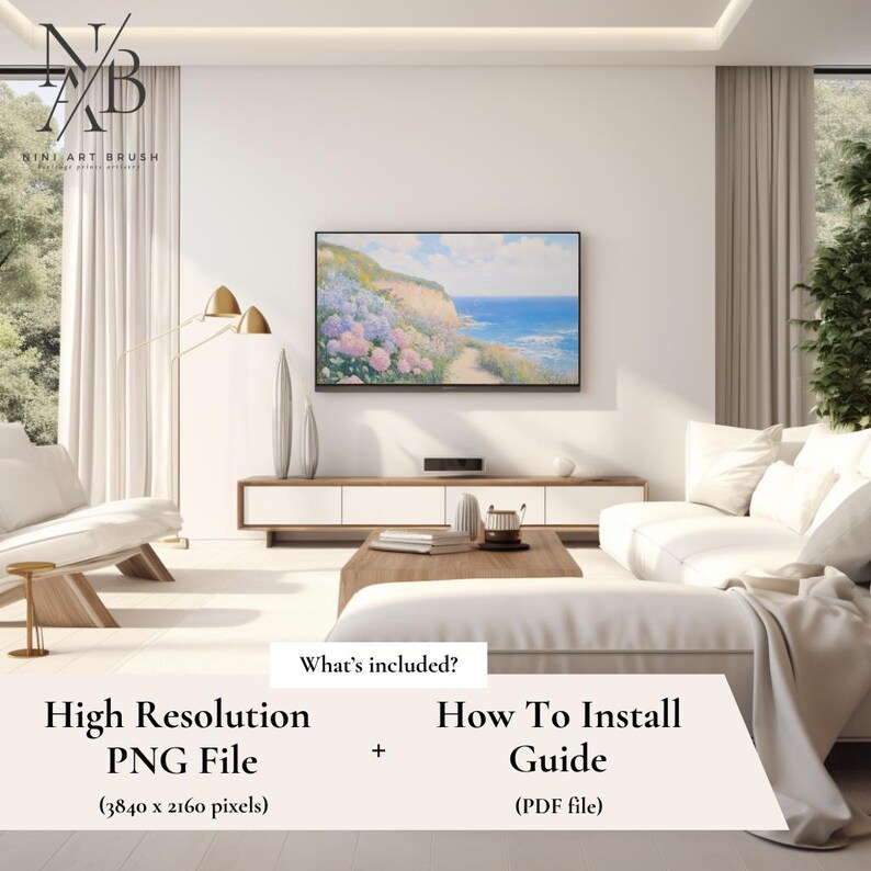 Op de afbeelding: Een moderne woonkamer met witte banken, een houten salontafel en een landschapsschilderij boven een witte en houten kast. Inclusief een PNG-bestand met hoge resolutie en een installatiehandleiding.