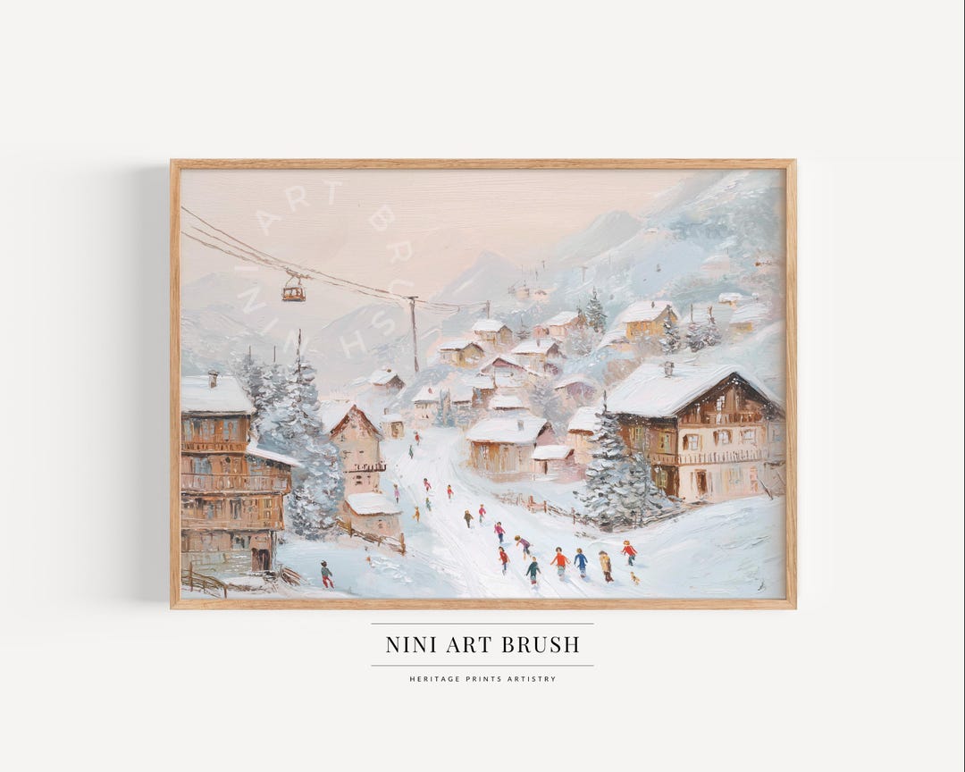 Snowy Ski Village PRINTABLE Wall Art Ski Resort Painting Winter Wall ...