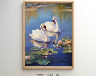 Swan Print Coquette Room Decor Coquette Wall Art Swan Wall Art Swan Lake Print Romantic Painting Vintage Wall Art Cottagecore Oil Painting