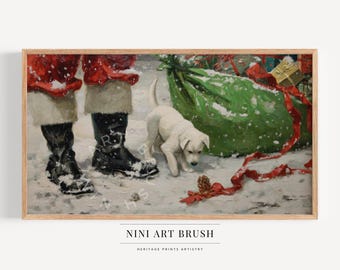 May include: A framed print featuring a winter scene with a white puppy, a green sack, and a red ribbon in the snow. The image includes a person in a red coat and black boots. The text "NINI ART BRUSH" is at the bottom.