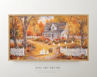May include: A painting of a white house with a porch and a white picket fence. The house is surrounded by trees with orange and yellow leaves. There are several white ghosts walking on the path leading to the house. The painting is titled "NINI ART BRUSH HERITAGE PRINTS ARTISTRY".