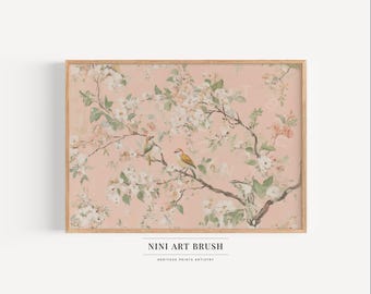 Sztuka ścienna w stylu chinoiserie Różowa sztuka w stylu chinoiserie Sztuka ścienna w stylu vintage Princesscore Wydrukowana sztuka ścienna Wystrój Cottagecore Wystrój wiosenny Wydruk w stylu chinoiserie