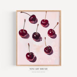 ヴィンテージチェリープリント レトロチェリーペインティング バーカート装飾 バーカートアート 印刷可能なウォールアート 油絵 ピンクチェリーポスター チェリーキッチンアート