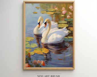 Swan Lake Print Coquette Room Decor Coquette Wall Art Swan Wall Art Couple Print Love Print Romantic Painting Vintage Wall Art Oil Painting