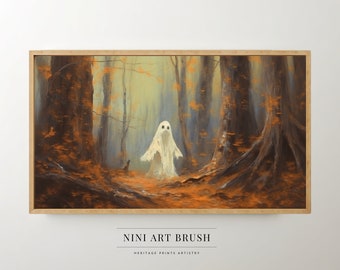 May include: A white ghost figure stands in a forest with orange and brown leaves on the ground. The trees are bare and the sky is a light blue. The text "NINI ART BRUSH HERITAGE PRINTS ARTISTRY" is at the bottom of the image.