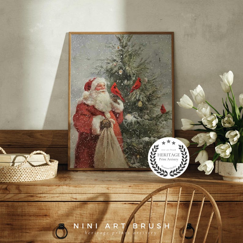 Red Cardinal Print Santa PRINTABLE Wall Art Vintage Christmas Wall Art ...