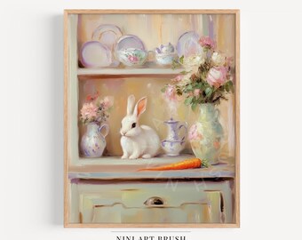 Vintage Easter Bunny Print Rabbit Wall Art Tulip Floral Wall Art Spring Decor Easter Decor Cottagecore Decor Nursery Decor Farmhouse Decor