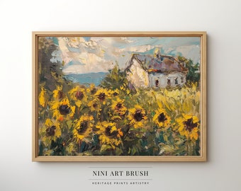 Sonnenblume druckbare Wand Kunst Landhaus Druck Blumenfeld Digitaldruck Floral Wand Kunst Bauernhof Ölgemälde Vintage Bauernhaus Dekor Sommer Dekor