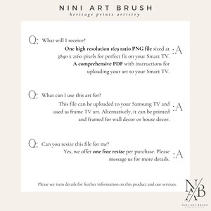 Op de afbeelding: Beschrijving van een digitaal kunstproduct met de tekst "NINI ART BRUSH" en "heritage prints artistry". De afbeelding geeft details over een PNG-bestand met hoge resolutie voor Smart TV's, een PDF met instructies en opties voor formaatwijziging.