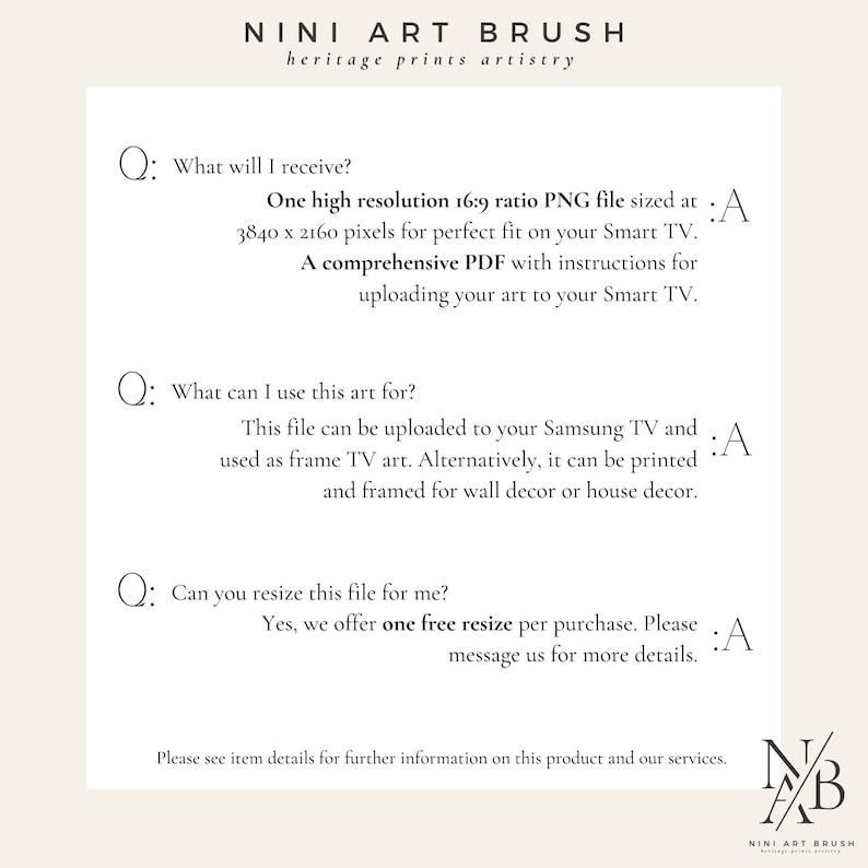 Op de afbeelding: Beschrijving van een digitaal kunstproduct met de tekst "NINI ART BRUSH" en "heritage prints artistry". De afbeelding geeft details over een PNG-bestand met hoge resolutie voor Smart TV's, een PDF met instructies en opties voor formaatwijziging.