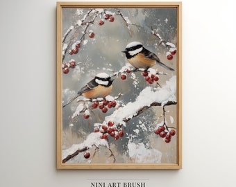 May include: Two black-capped chickadees perched on a snow-covered branch with red berries. The birds are painted in a realistic style with white snow and a gray background.