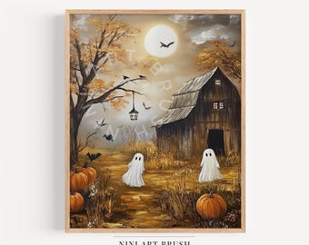 Vintage Cute Ghost Print Halloween Wall Art Spooky Season Printable Wall Art Oil Painting Halloween Decor Farmhouse Decor Fall Wall Art