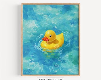 Retro badeend print badeend kunst afdrukbare muur kunst gele badeend muur kunst olieverfschilderij decor kinderkamer badkamer kunstafdruk
