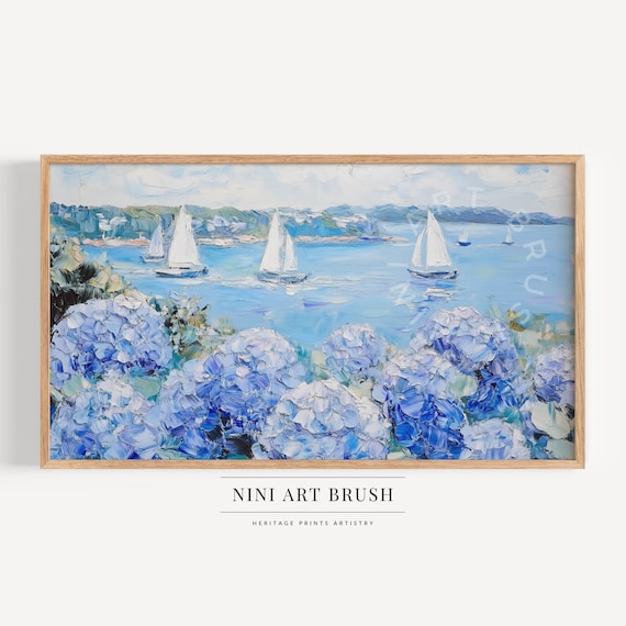 Hydrangea Print Samsung Frame TV Art Summer Frame TV Art Coastal Frame TV Art Floral Sailboat Print Nautical Decor Summer Decor Oil Painting