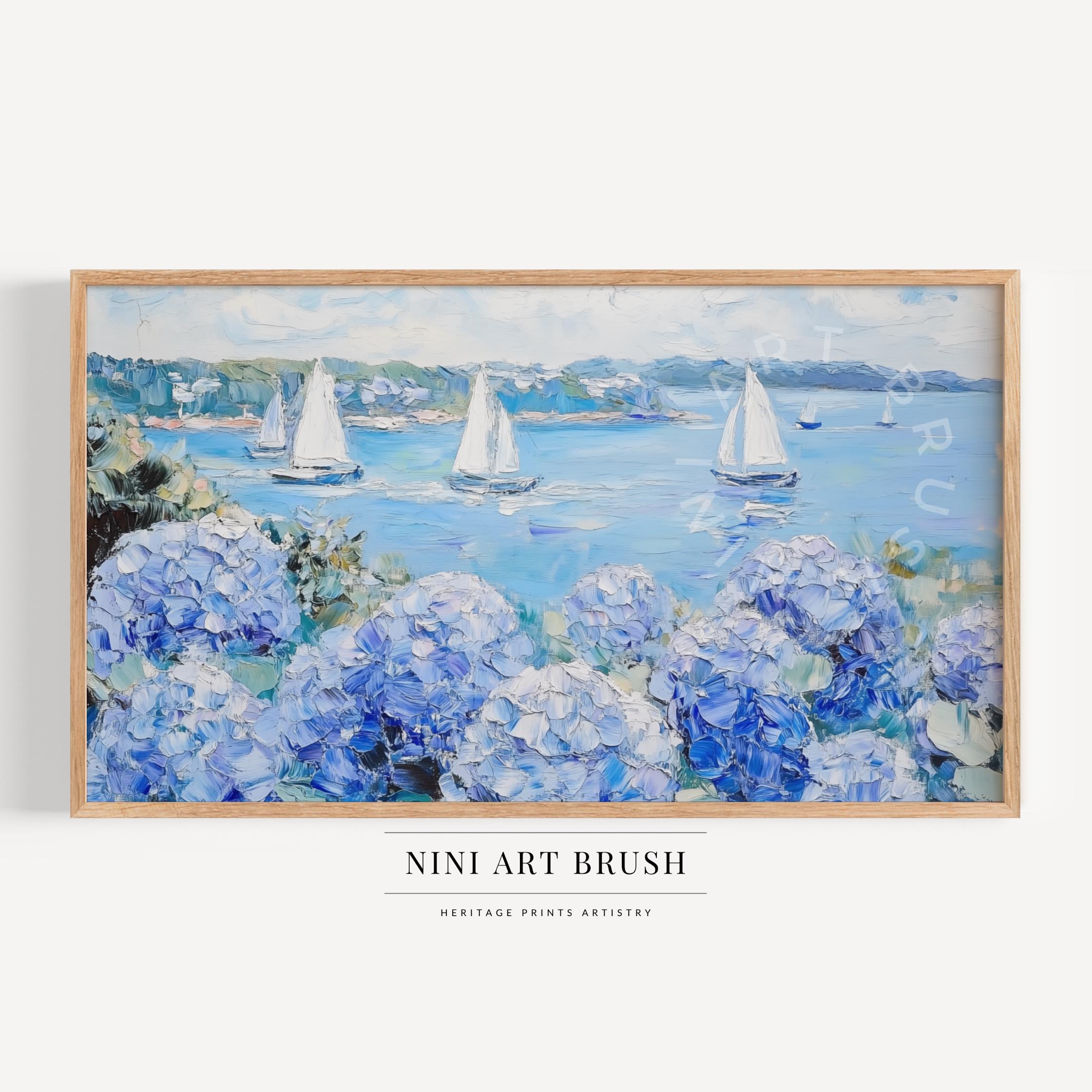 Hydrangea Print Samsung Frame TV Art Summer Frame TV Art Coastal Frame TV Art Floral Sailboat Print Nautical Decor Summer Decor Oil Painting
