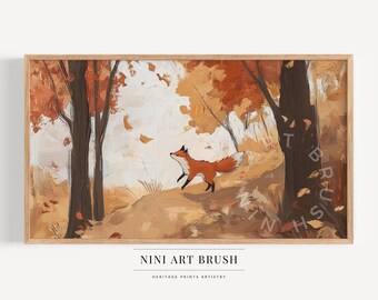 May include: A framed art print depicting a fox running through an autumnal forest. The artwork uses a palette of orange, brown, and white, with falling leaves and stylized trees. The text "NINI ART BRUSH" is at the bottom of the print.