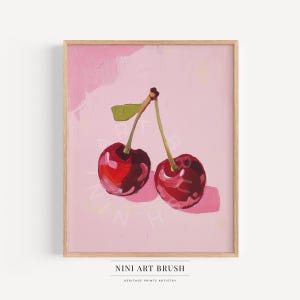 レトロなチェリーの絵画 ヴィンテージチェリープリント バーカートの装飾 バーカートアート 印刷可能な壁アート 油絵 ピンクチェリーポスター チェリーキッチンアート