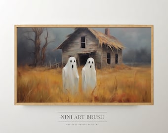 May include: A painting of two white ghosts standing in a field of tall grass in front of an abandoned wooden house with a thatched roof. The sky is overcast and the scene is set in a rural area.