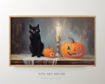 May include: A framed painting depicts a black cat with yellow eyes, sitting beside a carved orange pumpkin, a lit candle, and small pumpkins. The artwork has a vintage, painterly style, with the text "NINI ART BRUSH" and "HERITAGE PRINTS ARTISTRY" at the bottom.