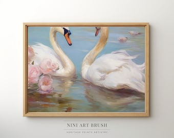 Swan Wall Art Printable Wall Art Swan Lake Oil Painting Love Painting Swan Painting Vintage Wall Art Coquette Room Decor Cottagecore Decor