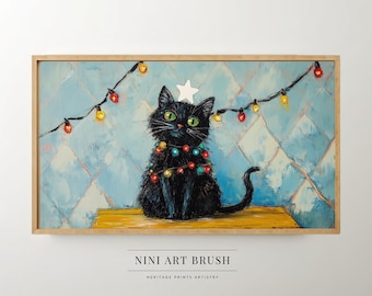 May include: A black cat wearing a string of colorful Christmas lights around its neck, with a white star on its head, sitting on a wooden surface against a blue tiled background.