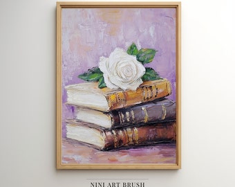 May include: A white rose with green leaves sits atop a stack of four antique books with brown leather covers and gold accents. The books are on a purple background.