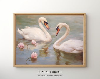 Swan Wall Art Coquette Room Decor Romantic Painting Downloadable Art Swan Lake Oil Painting Vintage Wall Art Swan Painting Cottagecore Decor