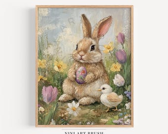 Vintage Easter Bunny Print Rabbit Wall Art Spring Decor Easter Decor Cottagecore Decor Rabbit Painting Nursery Decor Farmhouse Decor Art