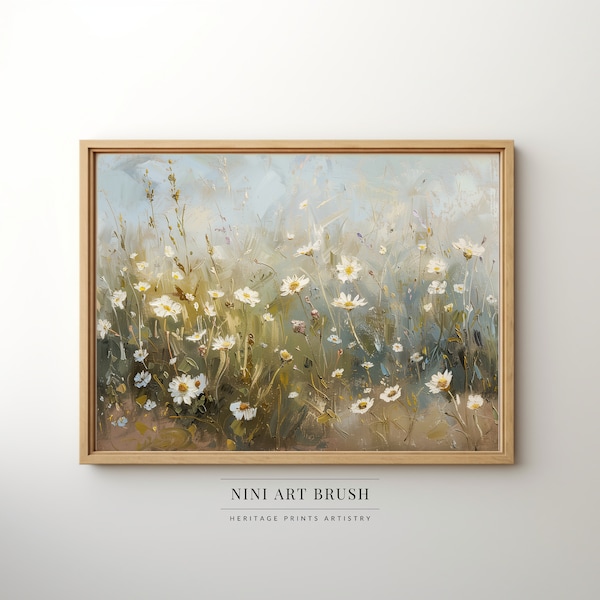 Abstract Daisy Digital Print Neutral Wall Art Country Floral Oil Painting Moody Wildflower Print Cottagecore Decor Vintage Flower Field Art