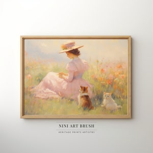 Lady Cat Art Coquette Room Decor Spring Wall Art Printable Wall Art Floral Wall Art Oil Painting Vintage Cat Painting Cottagecore Decor