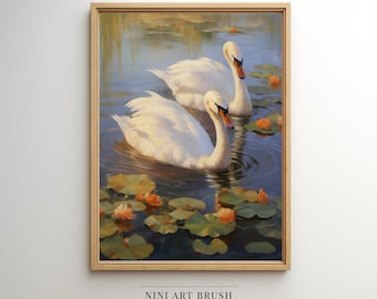 Swan Wall Art Coquette Room Decor Coquette Wall Art Swan Print Swan Lake Print Romantic Painting Vintage Wall Art Oil Painting Cottagecore