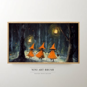 May include: Three figures wearing orange pointed hats and robes walk through a dark forest lit by lanterns. The figures carry staffs and a lantern. The painting is done in a painterly style with visible brushstrokes.