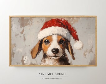 May include: A painting of a beagle puppy wearing a red Santa hat with white trim. The puppy is looking directly at the viewer with a sweet expression. The background is a light gray with a textured look.