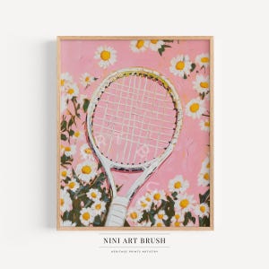 Rosa Tennis Druck Vintage Tennis Wandkunst Tennis Poster Tennisschläger druckbare Wandkunst Tennis Kunstdruck Blumen Ölgemälde Sport Print
