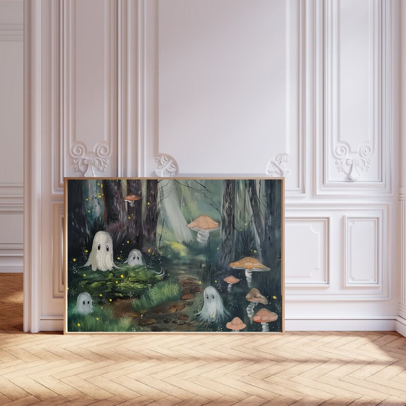 Supwhd Cute Halloween Ghosts Wall Art - 16x24 Inch Pink Bow Coquette Poster With Wooden Hanger