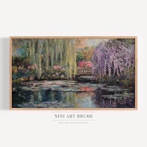 May include: A painting depicting a pond with a bridge in the background. The pond is surrounded by trees and flowers, including a weeping willow and wisteria. The water reflects the sky and trees.