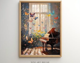 Puede incluir: Una pintura de un piano de cola en una habitación con una ventana abierta. Las mariposas vuelan fuera de la ventana. El piano es marrón y tiene un cojín blanco en el asiento. La habitación está pintada en tonos azules y grises. La pintura se titula "NINI ART BRUSH HERITAGE PRINTS ARTISTRY".