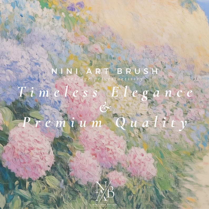 Op de afbeelding: Een artistieke afbeelding met een bloemenschilderij met roze en blauwe hortensia's. De tekst "NINI ART BRUSH" en "Timeless Elegance & Premium Quality" worden in het wit weergegeven. Het algemene thema is erfgoed print artistry.