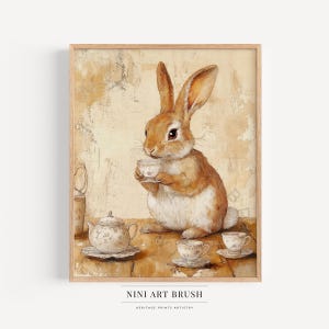 May include: A brown rabbit with white fur on its chest sits at a table with a teapot and teacups. The rabbit is holding a teacup in its paws and looking at the viewer. The background is a textured, beige wall.