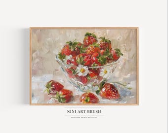 Vintage Strawberry Print Still Life Print Printable Wall Art Fruit Print Food Art Oil Painting Coquette Room Decor Summer Strawberry Decor