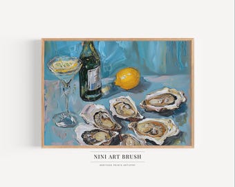 Oyster Print Oyster Painting Cocktail Print Wine Modern Still Life Food Wall Art Bar Cart Art Coastal Wall Art Beachy Wall Art Summer Decor