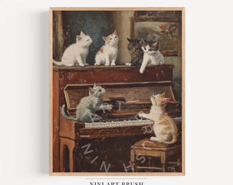 Cat Painting Printable Wall Art Vintage Wall Art Oil Painting Music Wall Art Music Poster Cat Piano Wall Art Cottagecore Decor Music Room