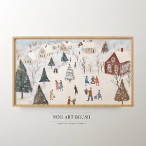 Moldura de inverno TV Art Nordic Natal Moldura TV Art Winter Wonderland Samsung Moldura TV Art Christmas Village Pintura a óleo vintage Decoração de inverno