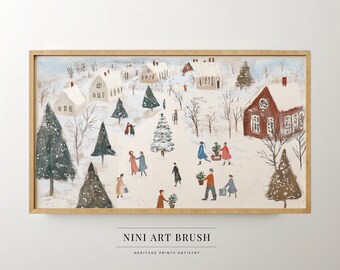 May include: A winter scene painting with a snowy village, a large Christmas tree, and people walking around. The painting is in a wooden frame and has the text "NINI ART BRUSH" and "HERITAGE PRINTS ARTISTRY" at the bottom.