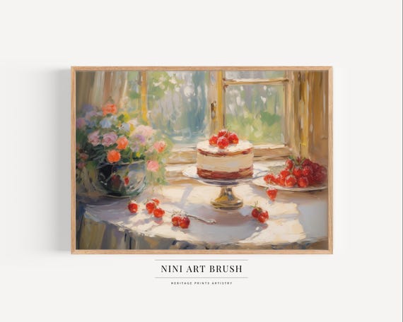 Strawberry Cake Art Strawberry Shortcake Vintage Kitchen Art Coquette Room Decor Printable Wall Art Oil Painting Summer Decor Strawberry