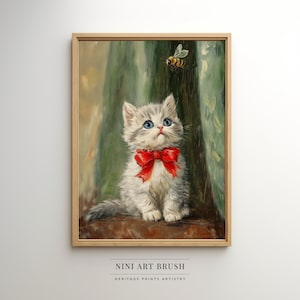 Vintage kat Art Print afdrukbare muur kunst kat schilderij kerst decor kerst kunst aan de muur Kitty olieverfschilderij decor kinderkamer decor boerderij