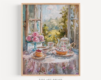 Tea Party Vintage Wall Art Morning Tea Oil Painting Victorian Decor Cottagecore Decor Floral Wall Art Princesscore Coquette Room Decor