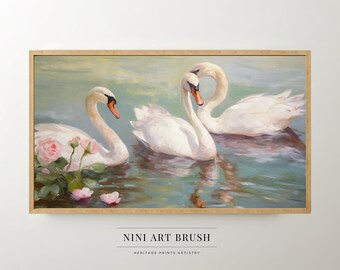Swan Samsung Frame TV Art Spring Frame TV Art Oil Painting Floral TV Art Vintage Coquette Room Decor Cottagecore Decor Swan Painting