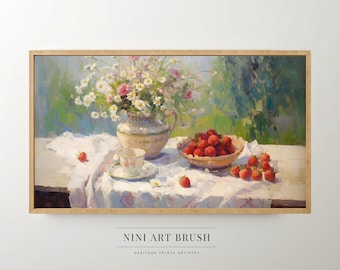 Coquette Samsung Frame TV Art Summer Frame TV Art Decor Floral TV Art Vintage Oil Painting Strawberry Decor Daisy Print Cottagecore Decor