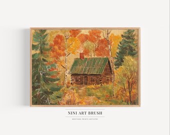 秋のコテージの印刷可能な壁アート、秋のプリント、ヴィンテージの森の壁アート、秋の装飾、秋の壁アート、秋の壁アート、ダウンロード可能なアート、油絵
